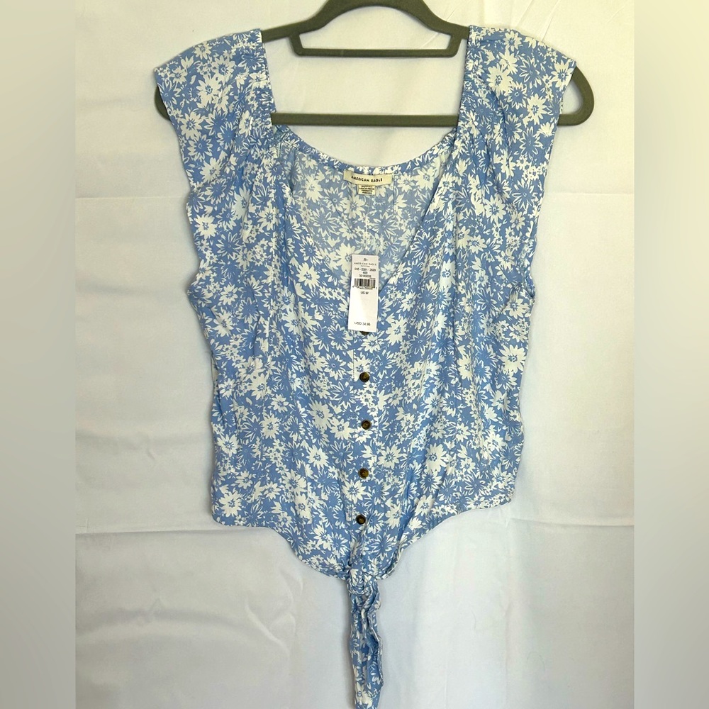 Floral Tie-Front Blue Summer Top - Women